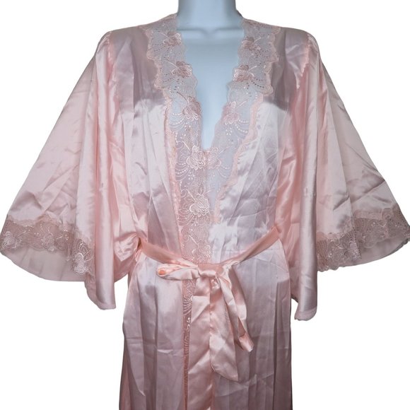 Vintage Full Length Satin Dressing Gown Robe L Pink Lace Belted Bell Sleeve NEW - Picture 6 of 10